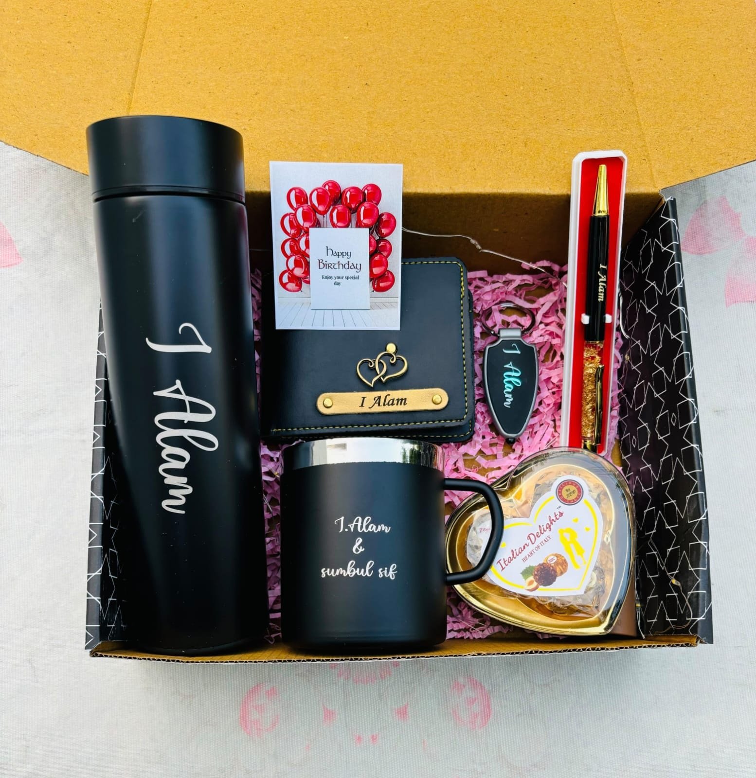 Personalised Men's Wallet, Temperature Bottle & Watch Gift Box | Birthday Gift for Husband Boyfriend — personalised corporate bulk gift with logo engraving, India