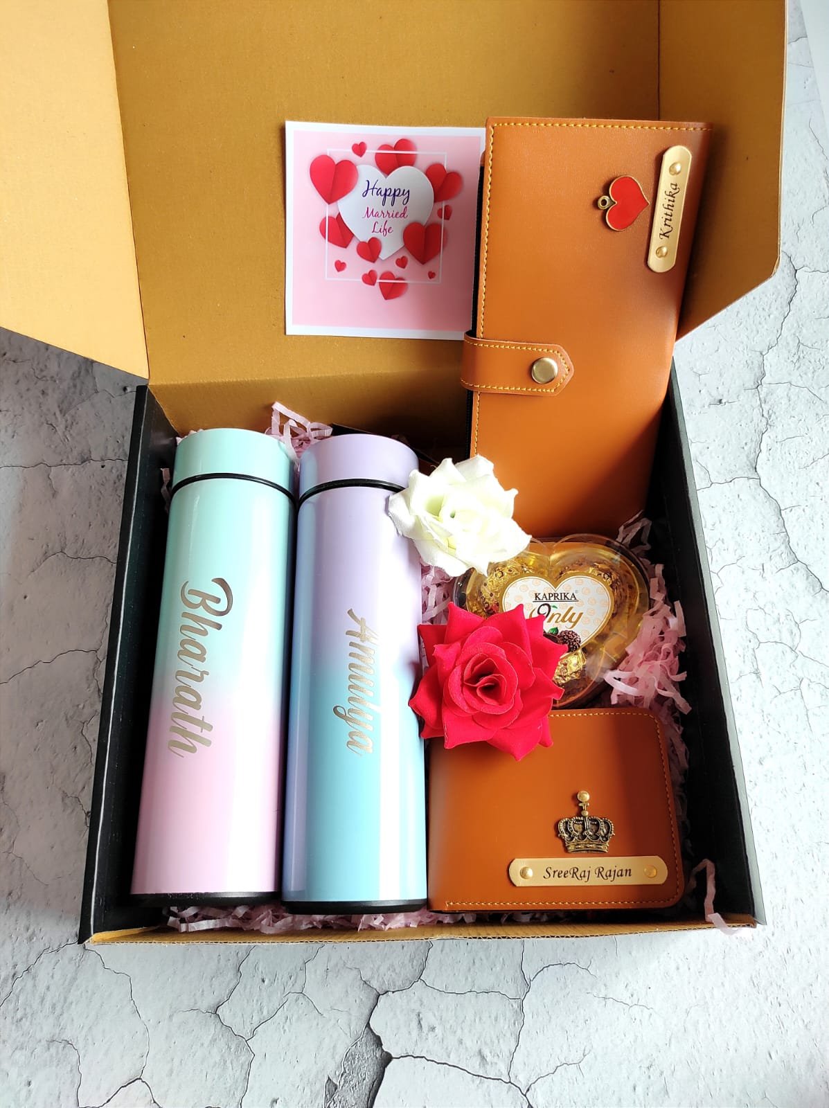Personalised Multicolour Bottle, Wallet, Rose & Chocolate Couple Combo | Valentine Anniversary Gift for Him Her — personalised corporate bulk gift with logo engraving, India