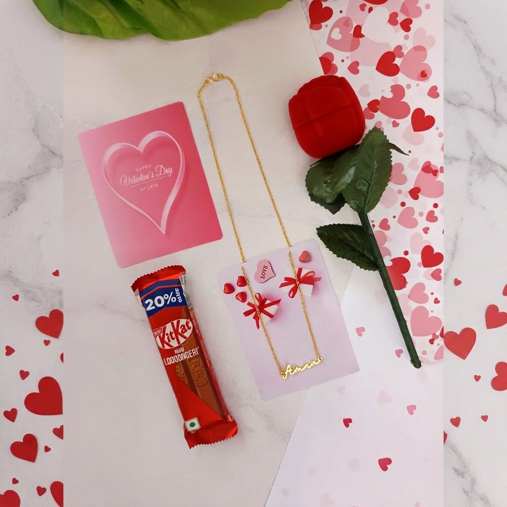 Personalised Name Pendant + Ring + Rose Box Gift Hamper – Valentine's & Anniversary Gift for Her — lifestyle photo in real gifting setting
