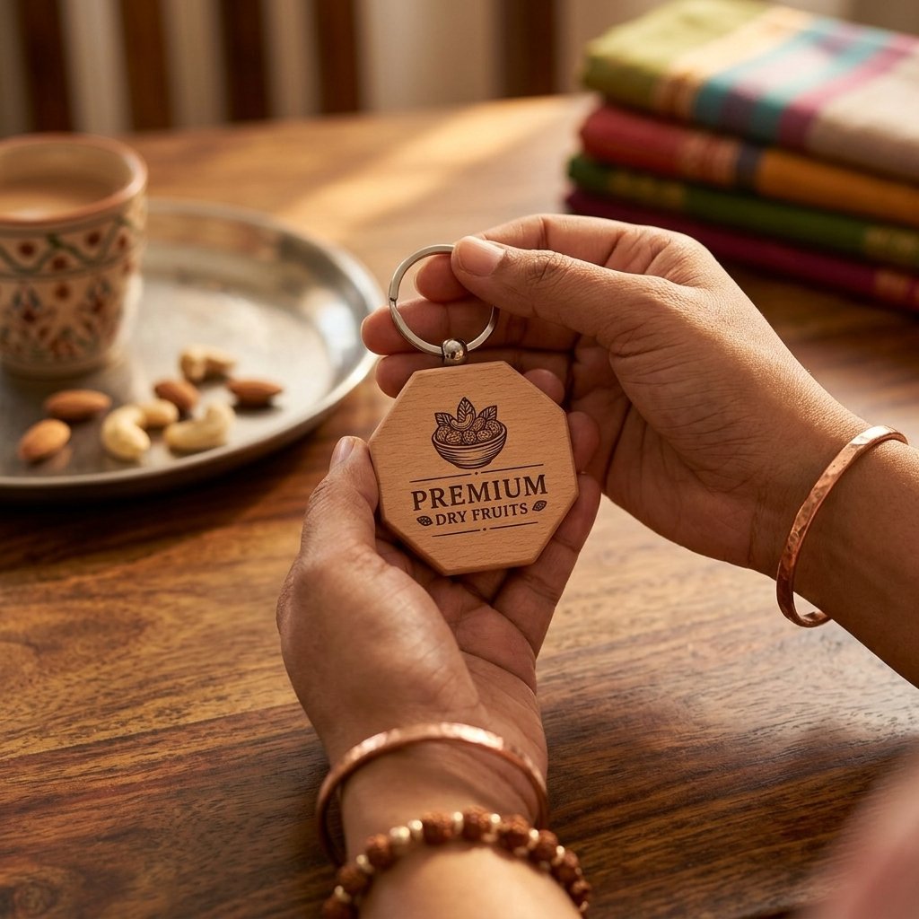 Personalised Octagon Wooden Logo Keychain — Corporate Bulk Gift — lifestyle photo in real gifting setting