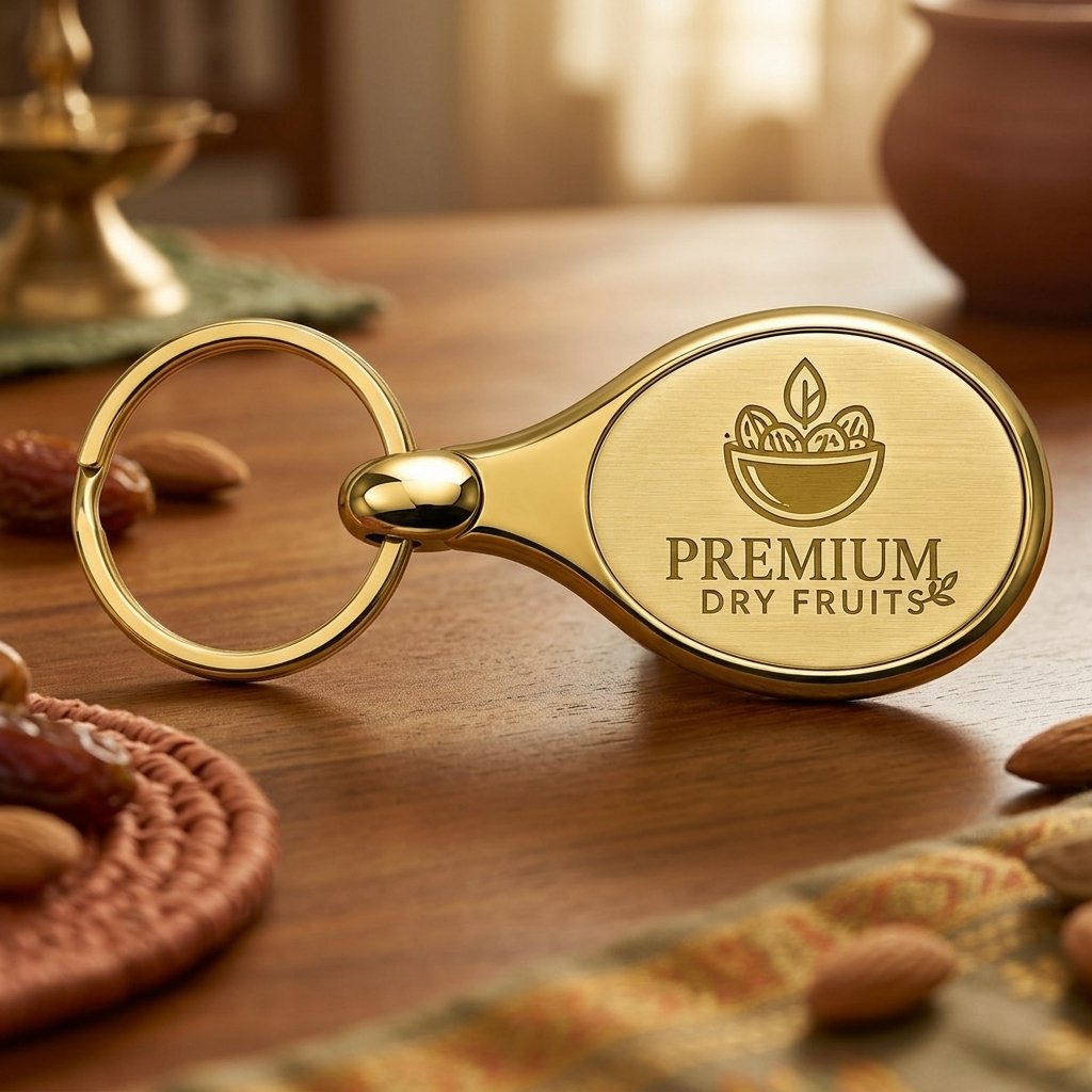 Personalised Oval Metal Logo Keychain (Gold) — Corporate Bulk Gift — lifestyle photo in real gifting setting