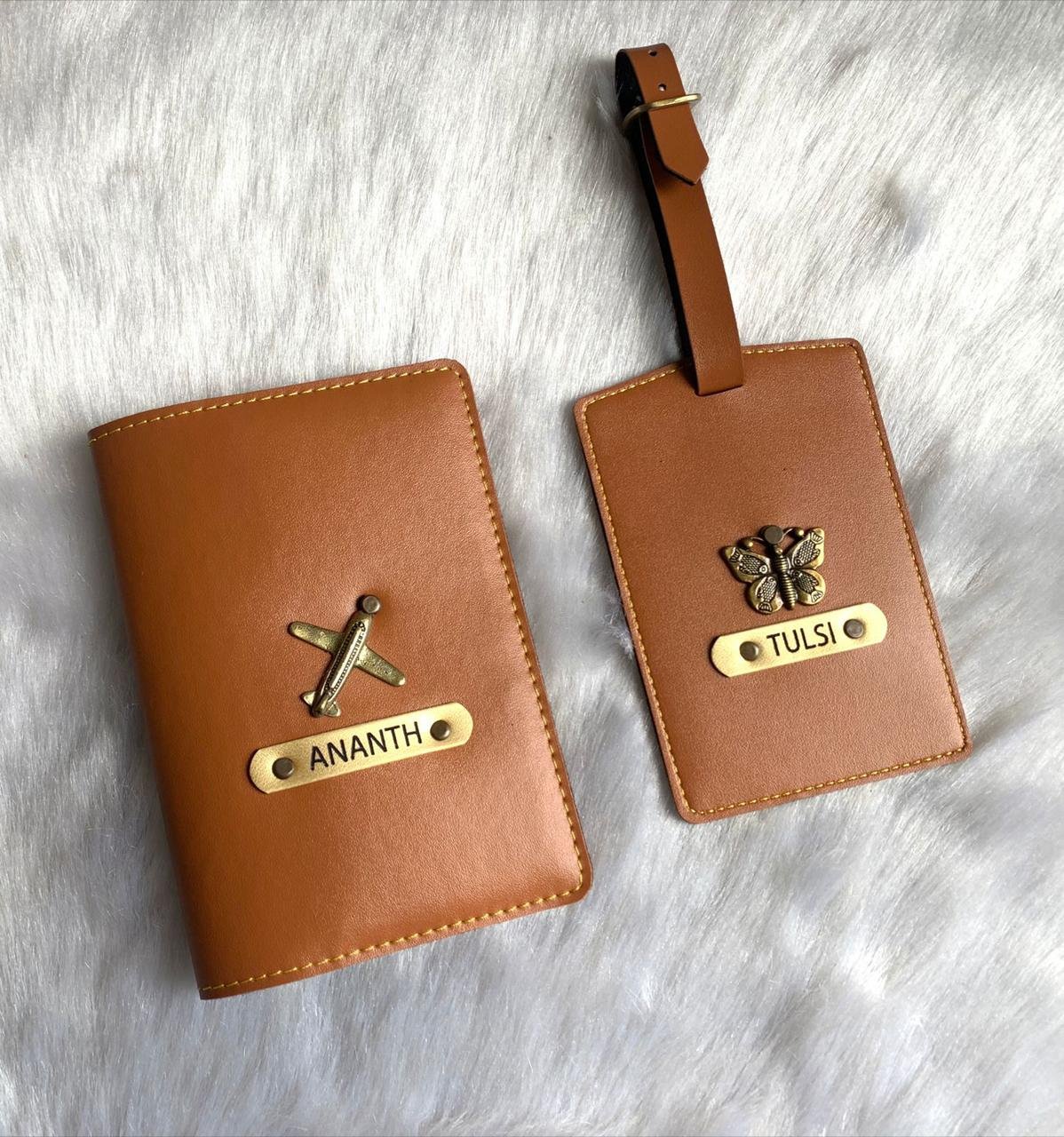 Personalised faux leather passport cover and luggage tag travel gift combo