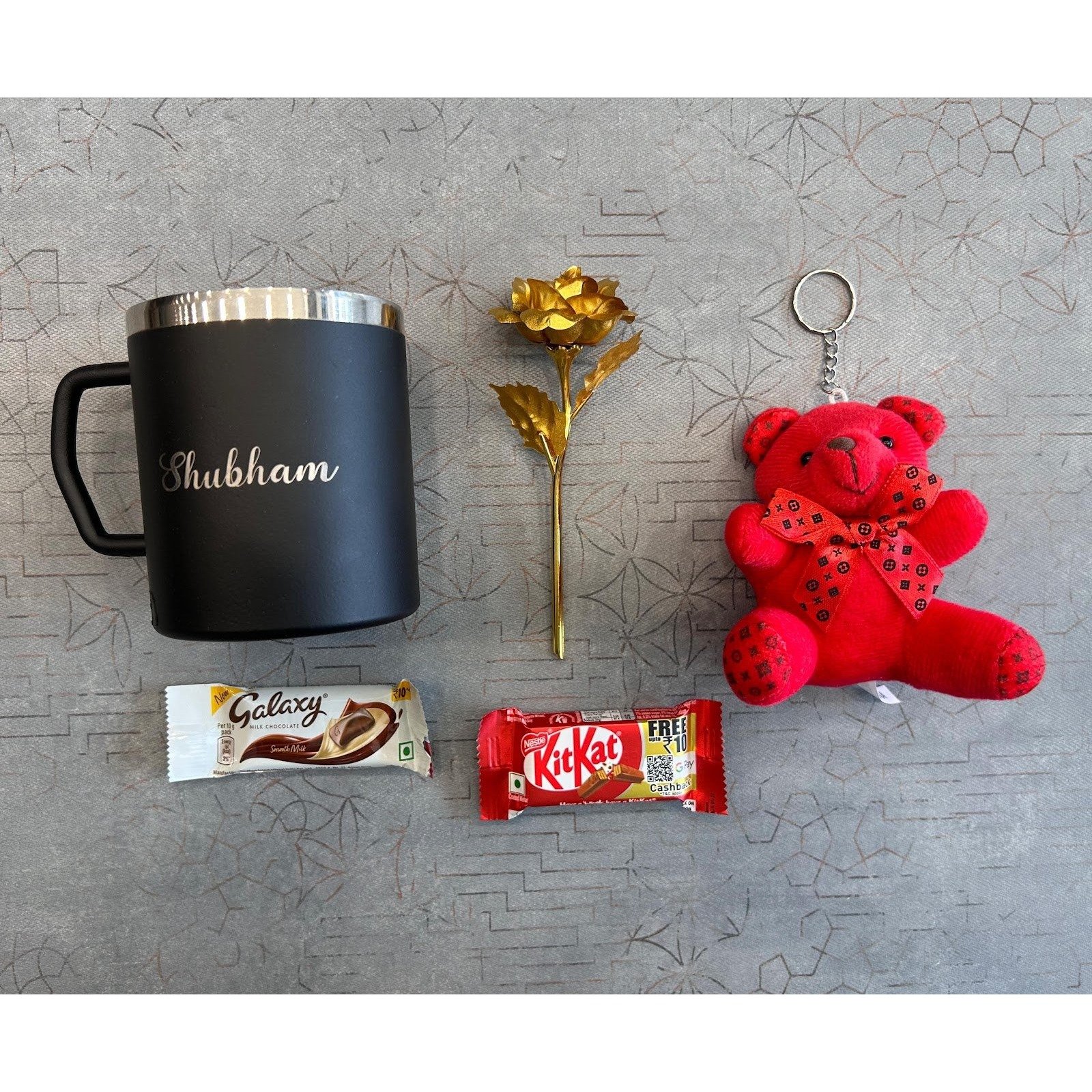 Personalised photo mug, rose, teddy and chocolate gift combo — full set