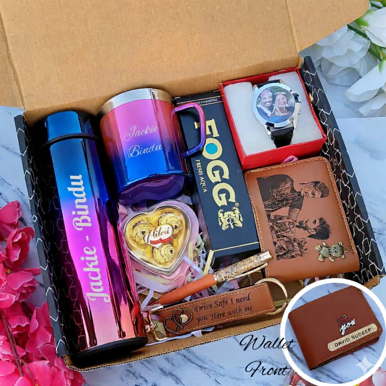 personalised rainbow bottle perfume wallet belt mens hamper personalised gift combo