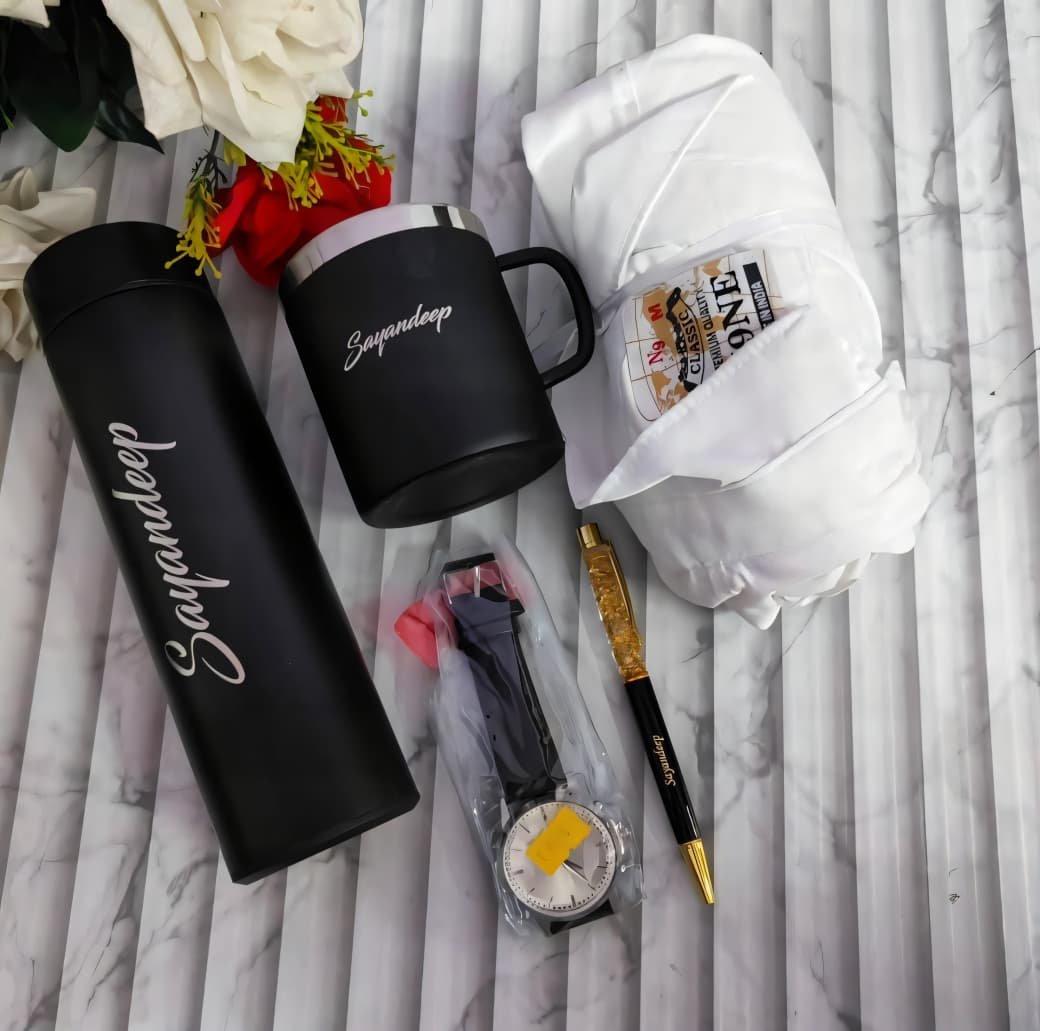 Personalised Shirt, Temperature Bottle, Pen, Keychain & Mug – 5-Piece Gift Combo | Birthday Gift for Husband Boyfriend — personalised corporate bulk gift with logo engraving, India