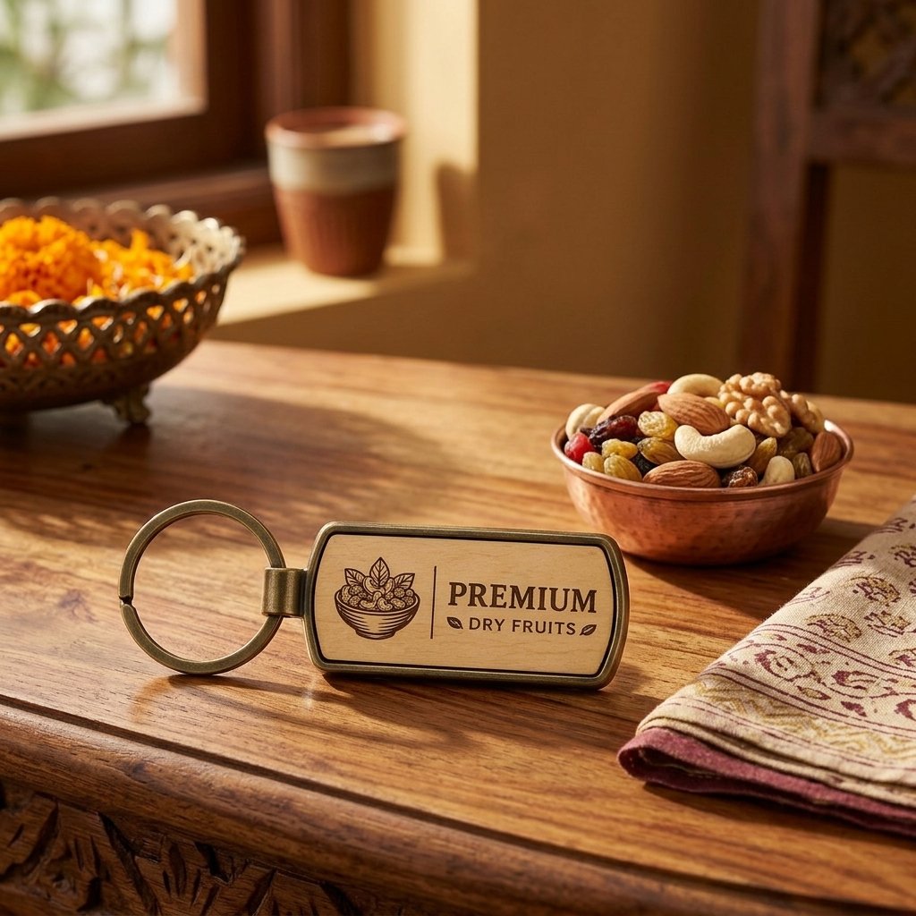 Personalised Wood & Metal Frame Logo Keychain (Rectangle) — Corporate Bulk Gift — lifestyle photo in real gifting setting