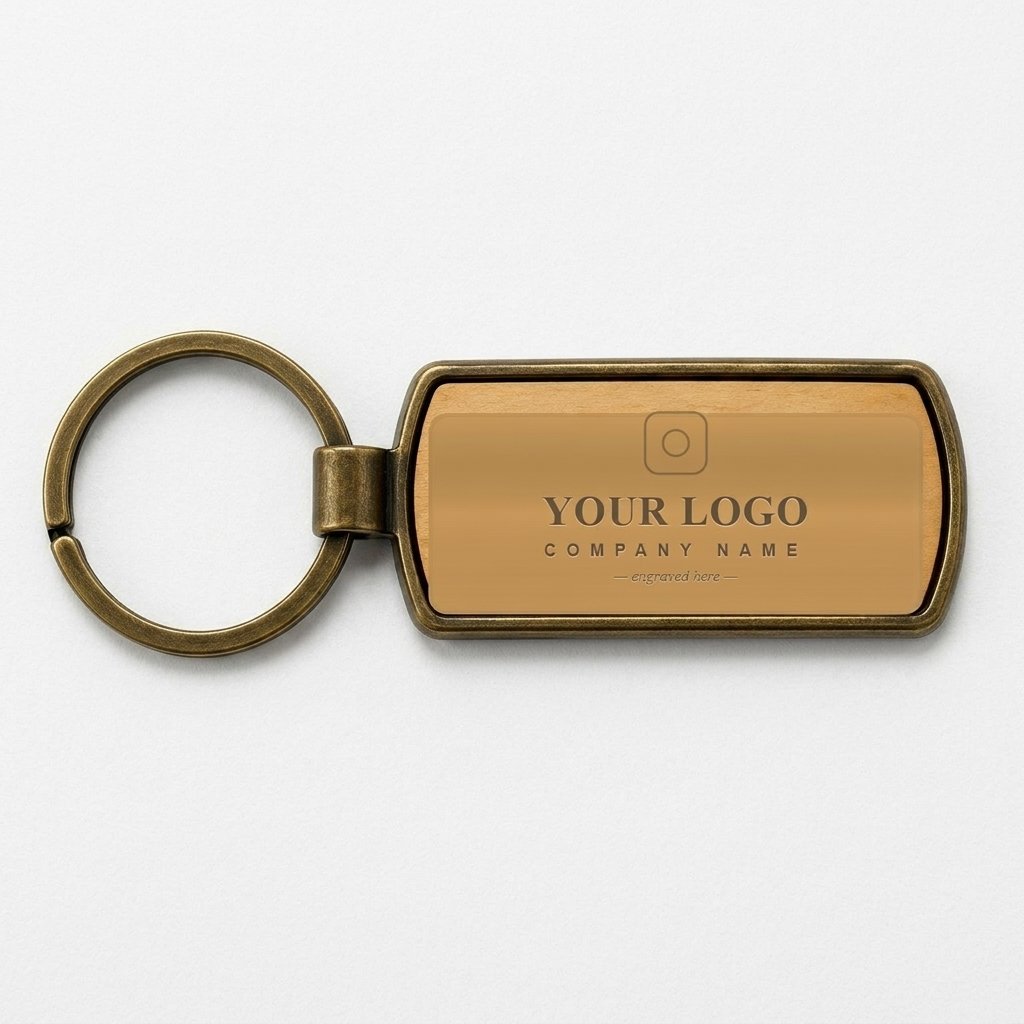 Personalised Wood & Metal Frame Logo Keychain (Rectangle) — Corporate Bulk Gift — gift-ready presentation suitable for special occasions