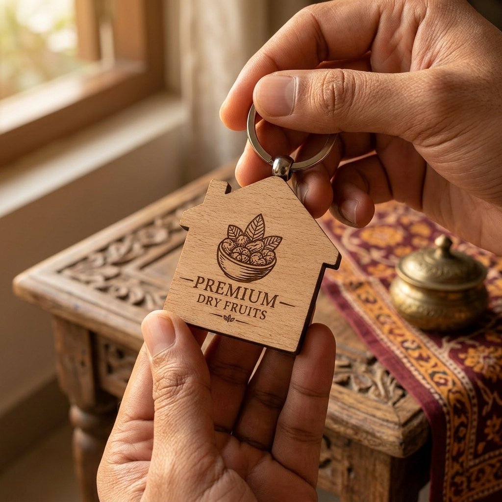 Personalised Wooden House-Shape Logo Keychain — Corporate Bulk Gift — lifestyle photo in real gifting setting