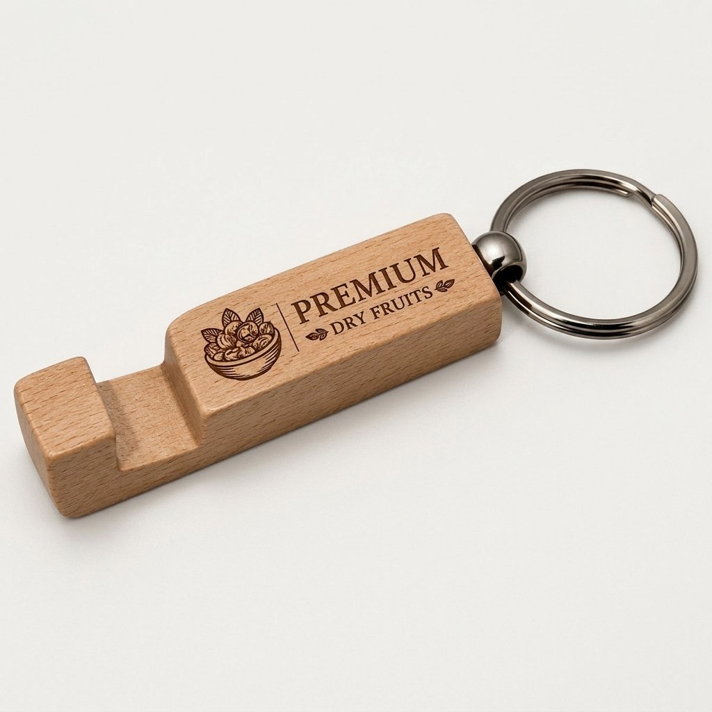 Personalised Wooden Phone-Stand Keychain — Corporate Bulk Gift — close-up detail view showing personalisation and craftsmanship