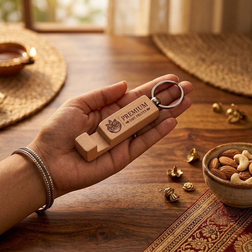 Personalised Wooden Phone-Stand Keychain — Corporate Bulk Gift — lifestyle photo in real gifting setting