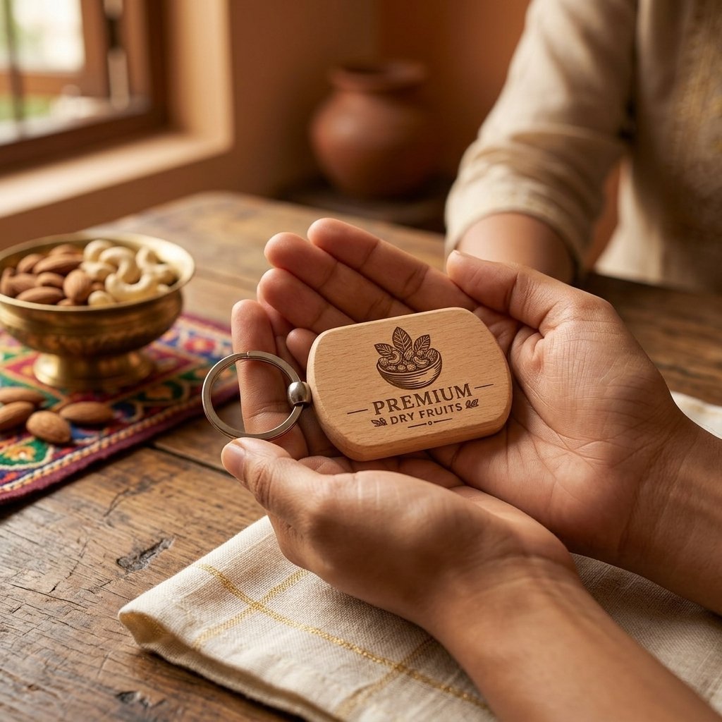 Personalised Wooden Square Logo Keychain — Corporate Bulk Gift — lifestyle photo in real gifting setting