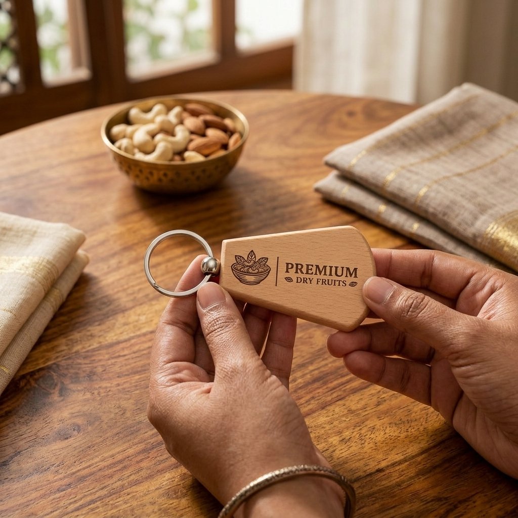 Personalised Wooden Tag Logo Keychain — Corporate Bulk Gift — lifestyle photo in real gifting setting