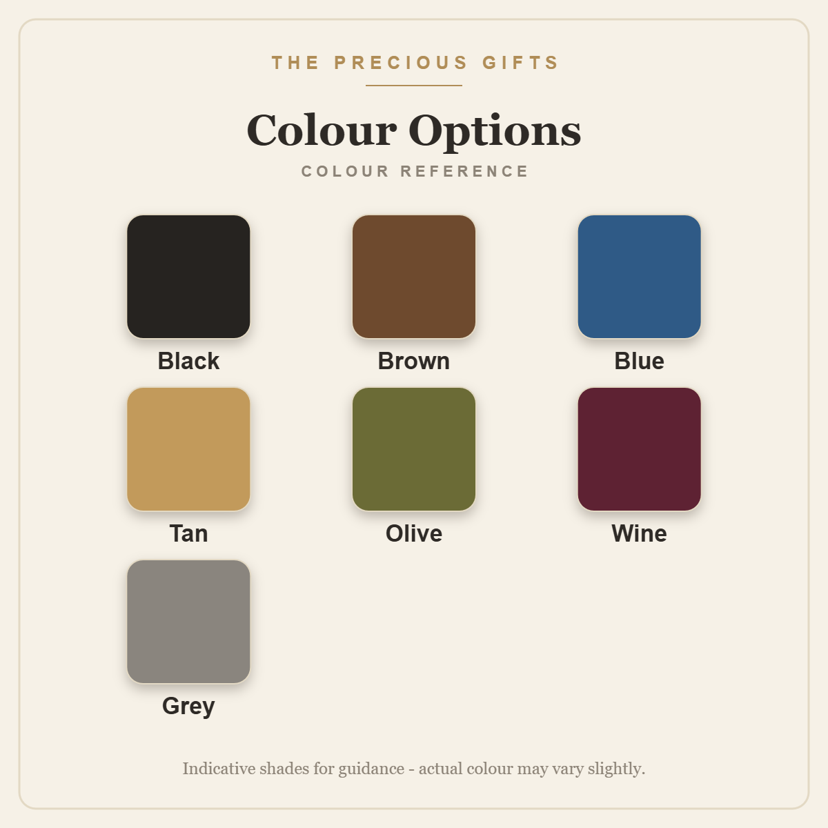 Colour options reference: Black, Brown, Blue, Tan, Olive, Wine, Grey