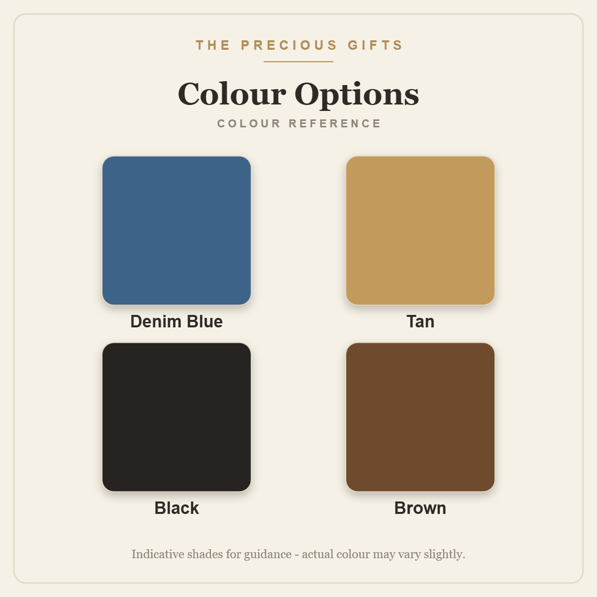 Colour options reference: Denim Blue, Tan, Black, Brown