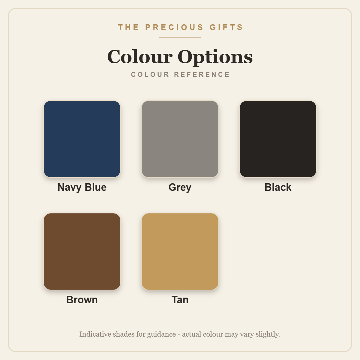 Colour options reference: Navy Blue, Grey, Black, Brown, Tan