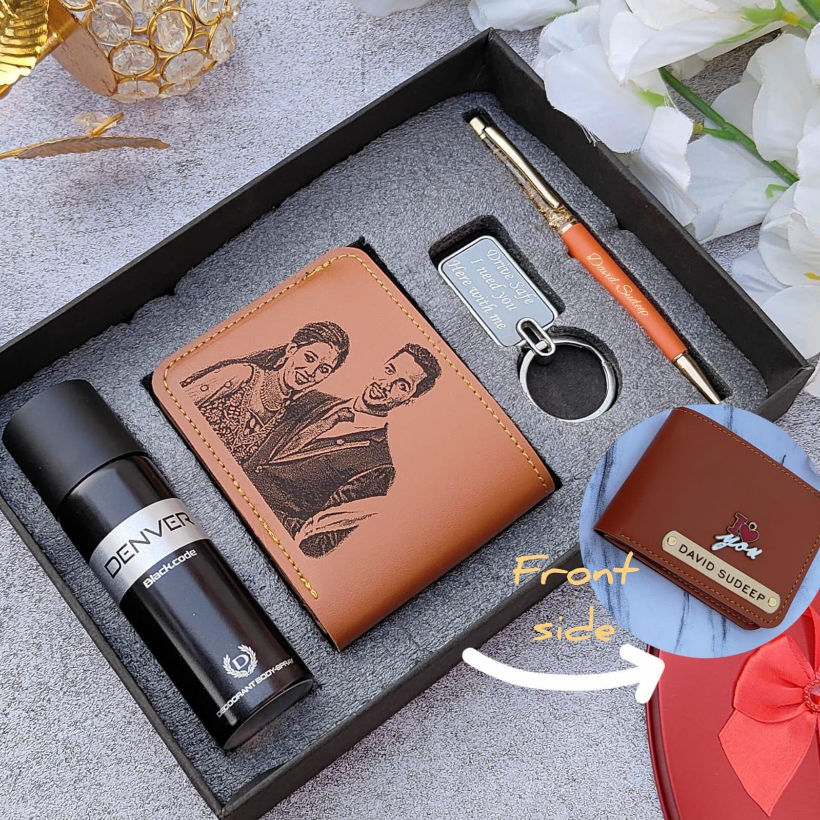 Personalised sketch photo wallet with deodorant keychain and pen combo