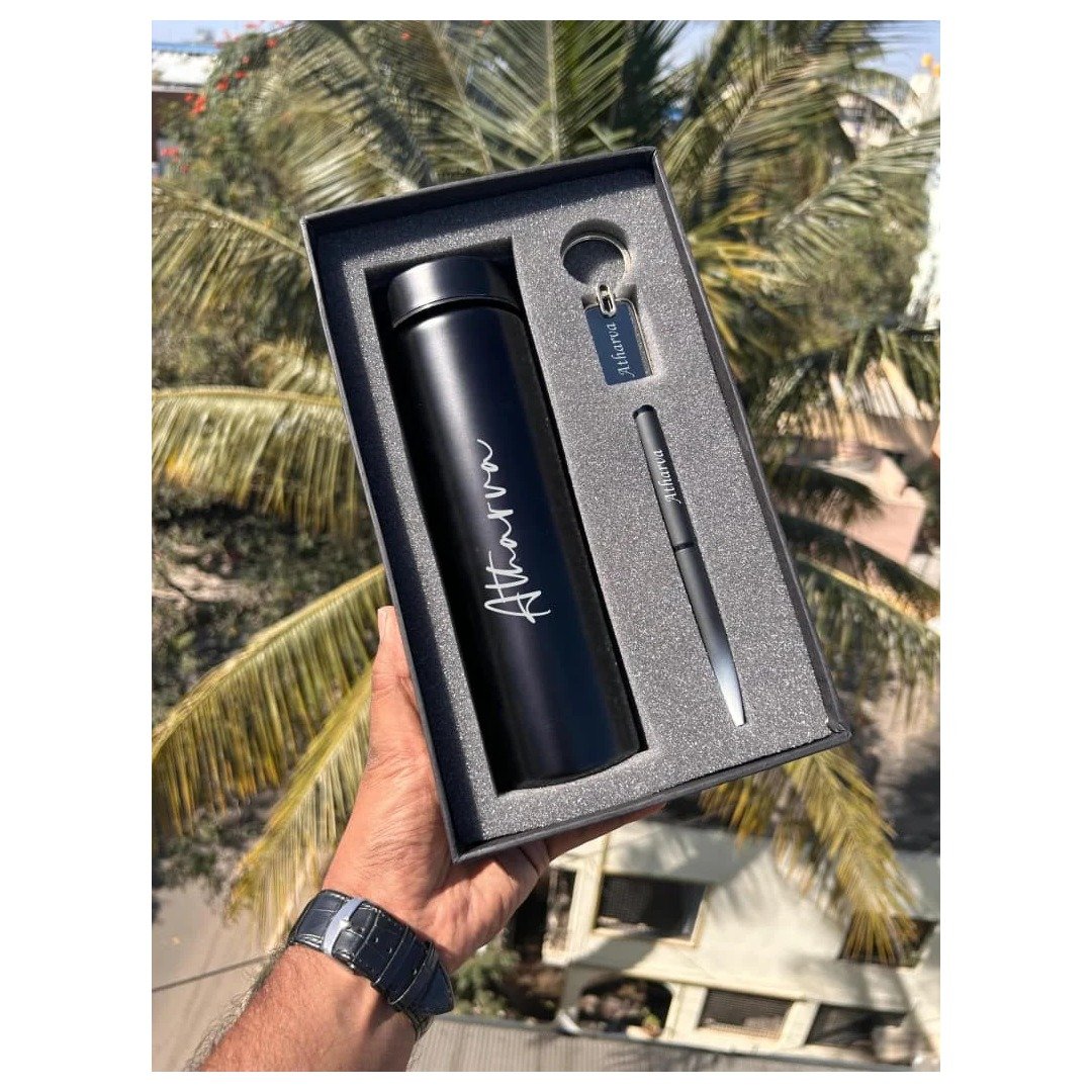 Personalised temperature water bottle pen and keychain gift combo 2