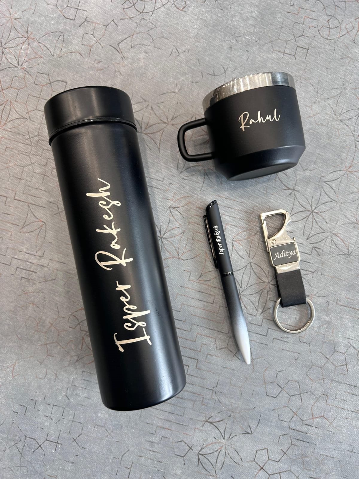 Temperature Bottle + Pen + Metal Keychain + Mug – 4-Piece Personalised Gift Combo | Birthday Gift for Him — personalised corporate bulk gift with logo engraving, India