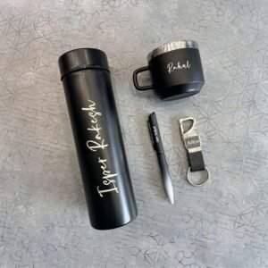 Temperature Bottle + Pen + Metal Keychain + Mug – 4-Piece Personalised Gift Combo — close-up detail view showing personalisation and craftsmanship