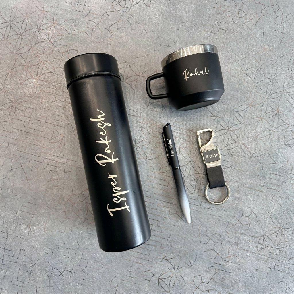 Temperature Bottle + Pen + Metal Keychain + Mug – 4-Piece Personalised Gift Combo — close-up detail view showing personalisation and craftsmanship