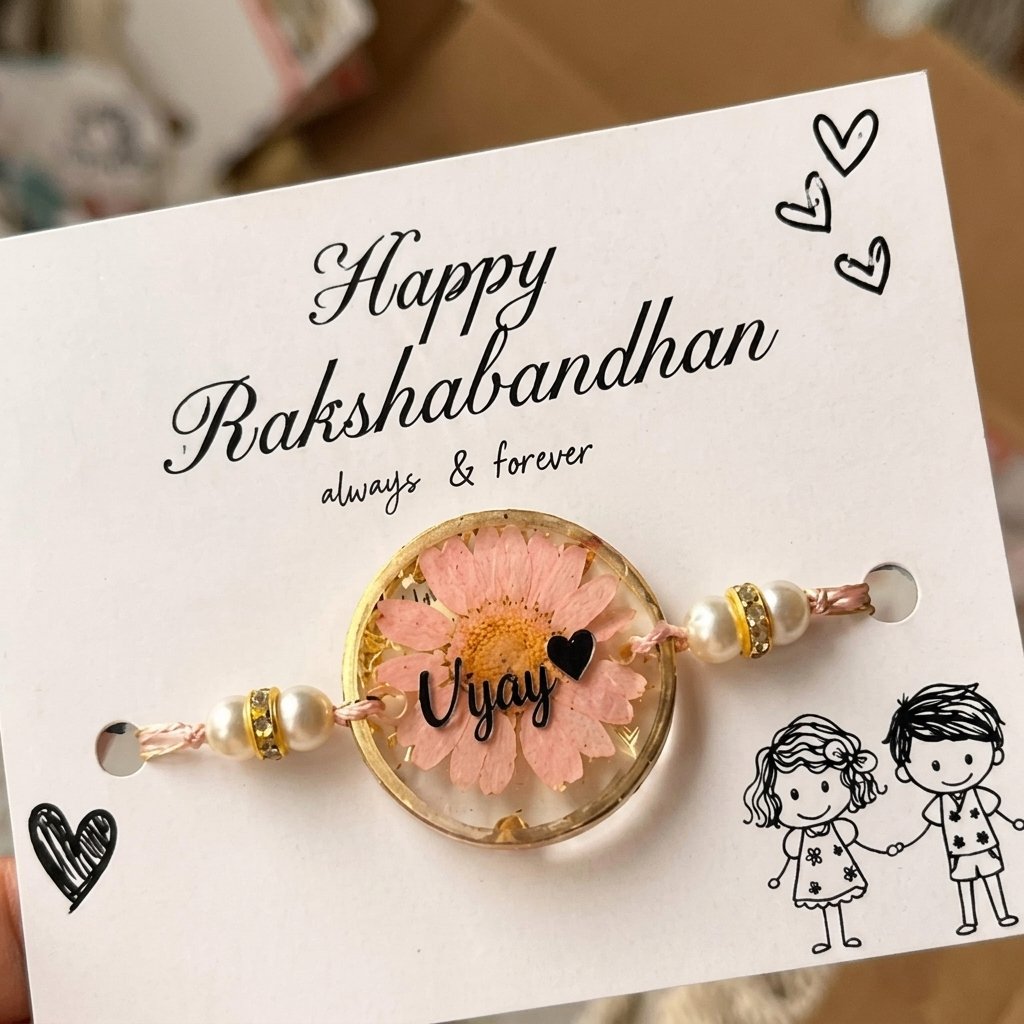 Personalised Resin Pressed-Flower Name Rakhi – Floral Rakhi with Name (Single Piece) — lifestyle photo in real gifting setting
