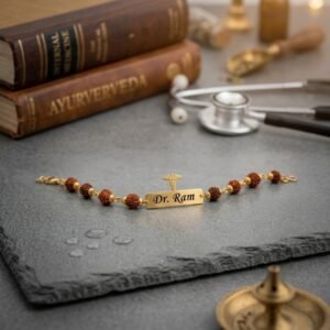 Personalised Profession Rudraksha Name Rakhi – Doctor, CA & Advocate — lifestyle photo in real gifting setting