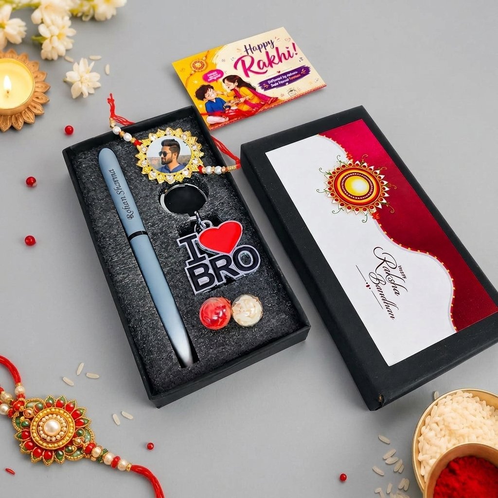 Personalised Rakhi Hamper – Engraved Nexon Pen, Photo Rakhi & I Love Bro Keychain Gift Box for Brother — lifestyle photo in real gifting setting