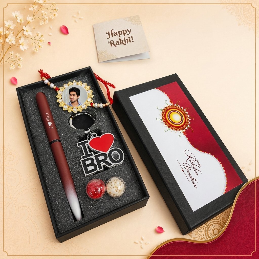 Personalised Rakhi Hamper – Engraved Nexon Pen, Photo Rakhi & I Love Bro Keychain Gift Box for Brother — lifestyle photo in real gifting setting