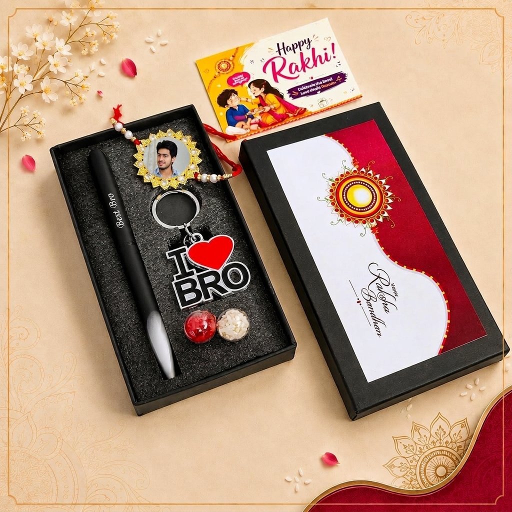Personalised Rakhi Hamper – Engraved Nexon Pen, Photo Rakhi & I Love Bro Keychain Gift Box for Brother — lifestyle photo in real gifting setting