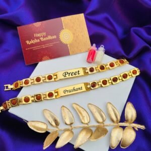 Personalised Set of 2 Rudraksha Name Rakhis for Brothers with Roli-Chawal — lifestyle photo in real gifting setting