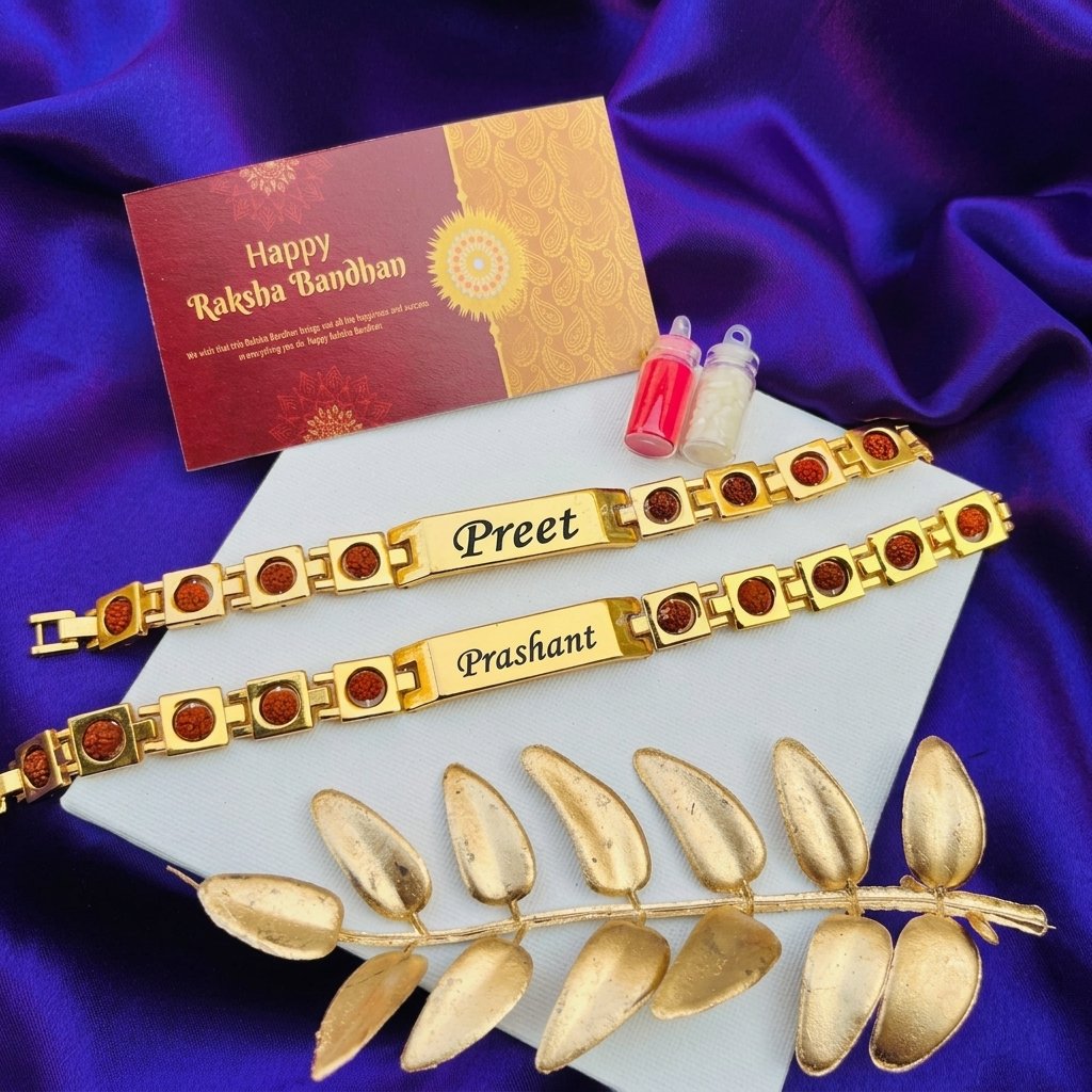 Personalised Set of 2 Rudraksha Name Rakhis for Brothers with Roli-Chawal — lifestyle photo in real gifting setting