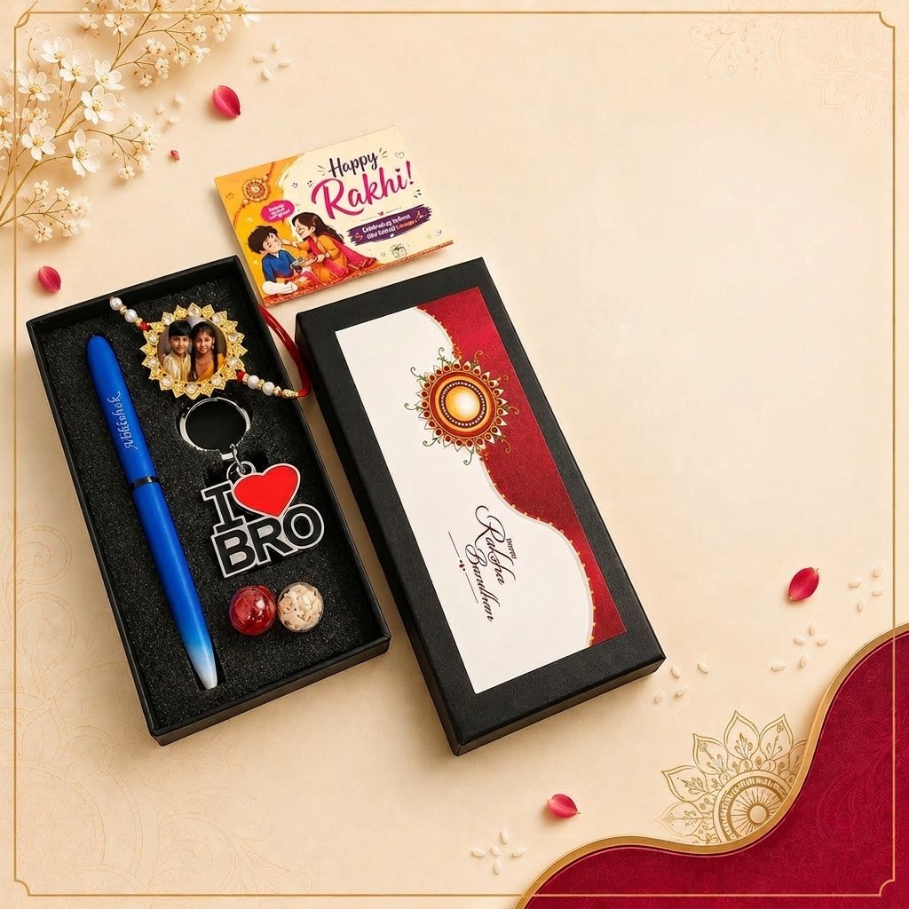 Personalised Rakhi Hamper – Engraved Nexon Pen, Photo Rakhi & I Love Bro Keychain Gift Box for Brother — lifestyle photo in real gifting setting