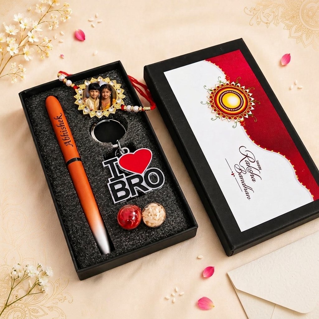Personalised Rakhi Hamper – Engraved Nexon Pen, Photo Rakhi & I Love Bro Keychain Gift Box for Brother — lifestyle photo in real gifting setting