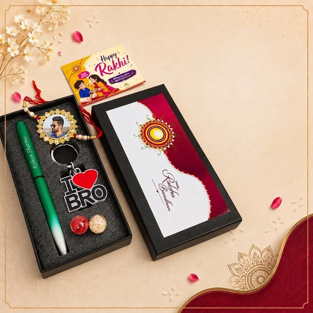 Personalised Rakhi Hamper – Engraved Nexon Pen, Photo Rakhi & I Love Bro Keychain Gift Box for Brother — lifestyle photo in real gifting setting