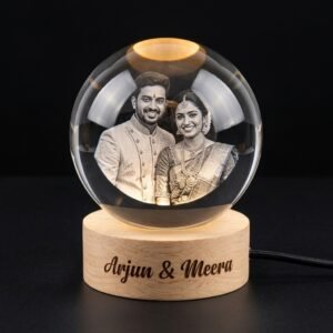 Personalised 3D photo crystal ball with engraved couple photo on glowing wooden LED base
