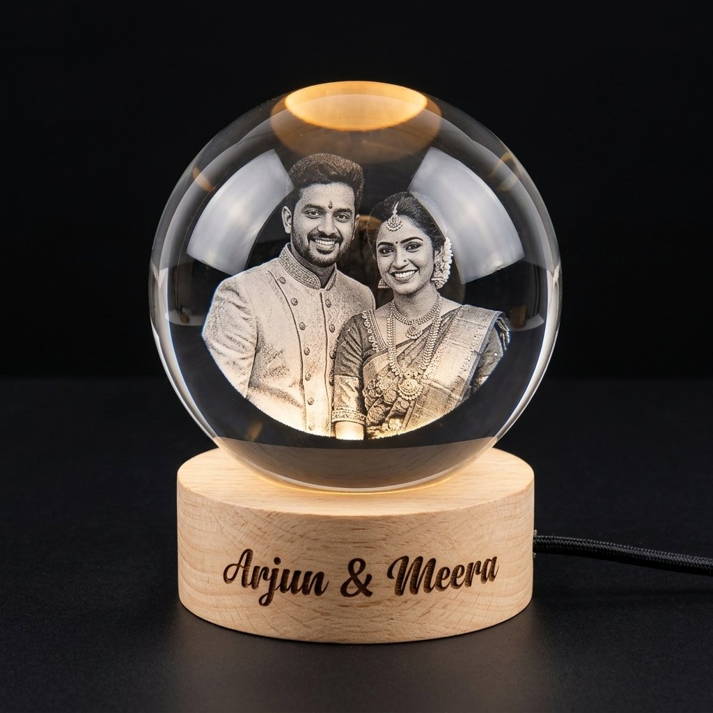 Personalised 3D photo crystal ball with engraved couple photo on glowing wooden LED base