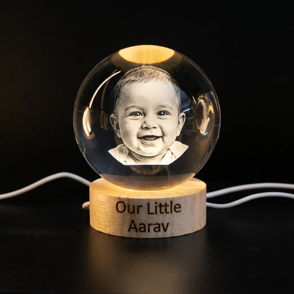 3D photo crystal ball with engraved baby photo and name on wooden LED light base