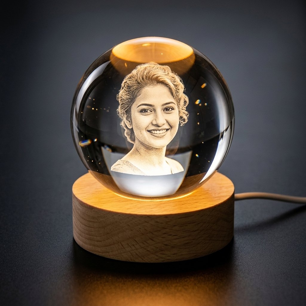 Personalised photo crystal ball glowing on warm wooden LED base