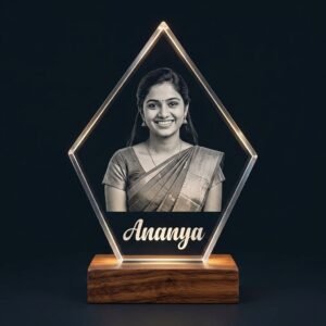 Personalised diamond shape 3D photo crystal with engraved portrait and name on wooden LED base