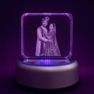 Thick square 3D photo crystal with engraved couple photo on multi-colour LED light base