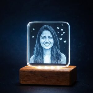 Mini square 3D photo crystal with engraved portrait and butterflies on wooden LED base