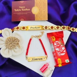 Personalised Rakhi Combo with Chocolate – Name Rakhi + Name Bracelet, KitKat & Roli-Chawal — lifestyle photo in real gifting setting