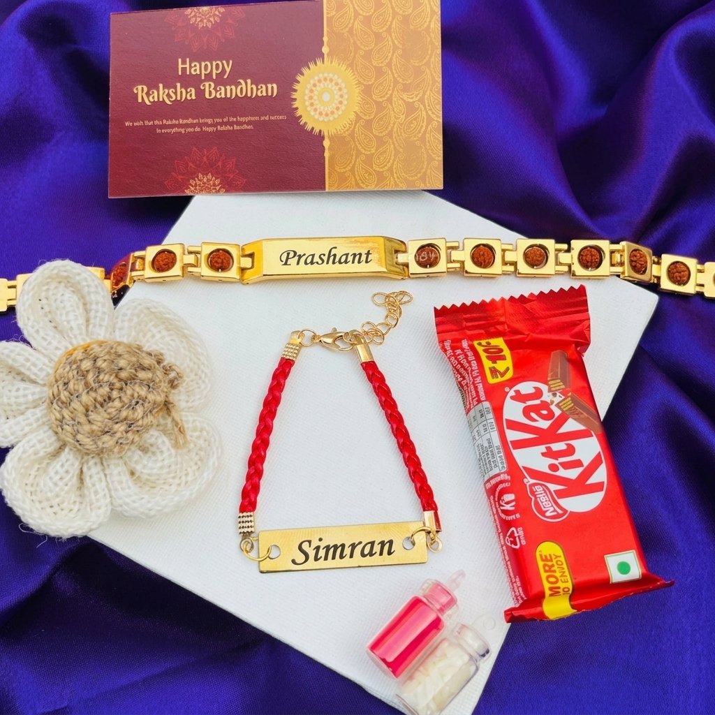 Personalised Rakhi Combo with Chocolate – Name Rakhi + Name Bracelet, KitKat & Roli-Chawal — lifestyle photo in real gifting setting