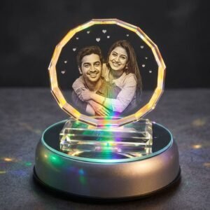 Diamond cut round photo crystal with engraved couple photo on rotating multi-colour LED base