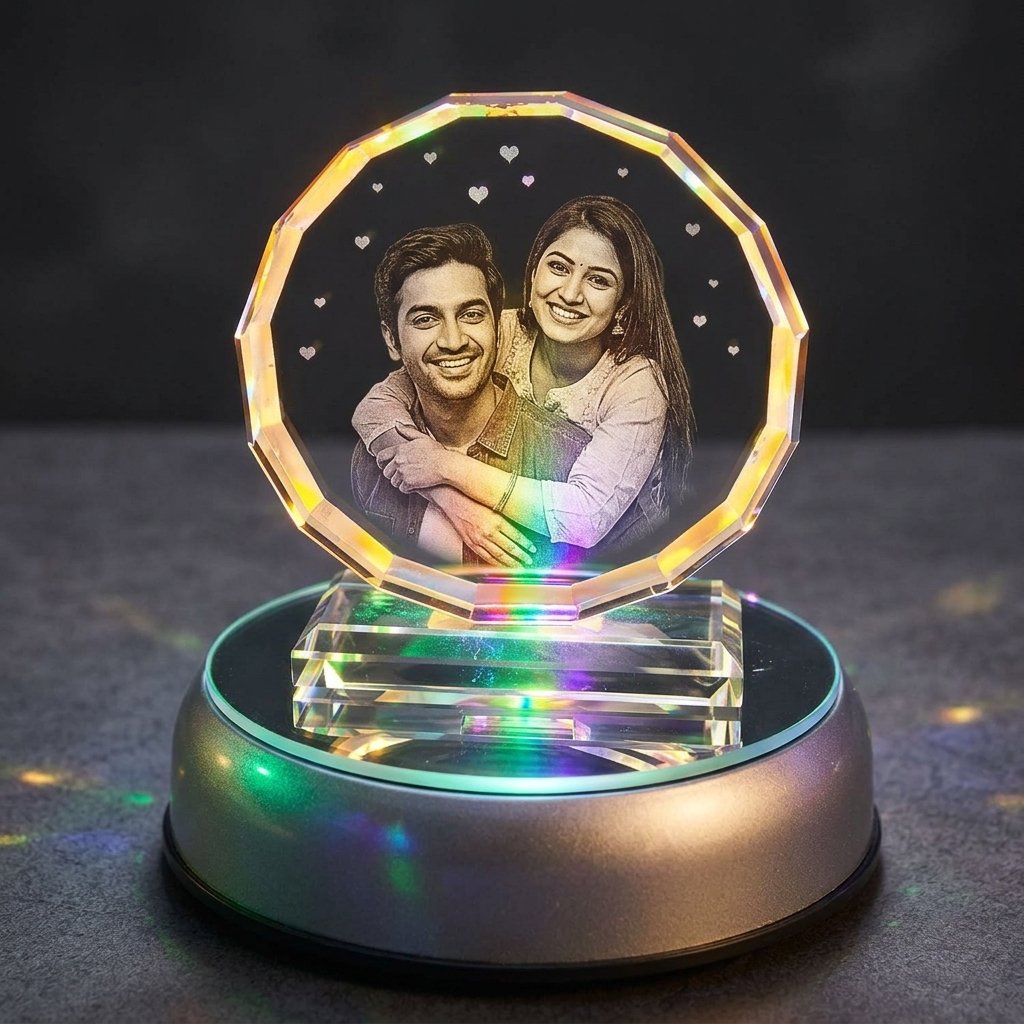 Diamond cut round photo crystal with engraved couple photo on rotating multi-colour LED base