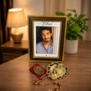Personalised Bhai Photo Frame Rakhi Set with Name & Photo – Roli Chawal Platter — lifestyle photo in real gifting setting