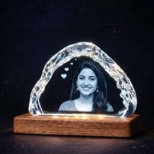 Mountain iceberg shaped photo crystal with engraved portrait on wooden LED light base