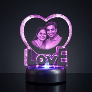 Personalised heart shaped LOVE photo crystal with engraved couple photo on rotating multi-colour LED base