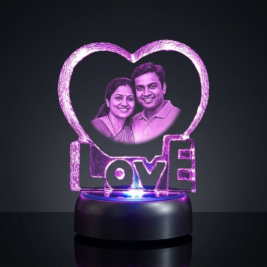 Personalised heart shaped LOVE photo crystal with engraved couple photo on rotating multi-colour LED base