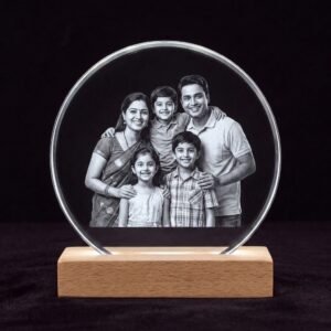 Personalised round photo crystal with engraved family photo on wooden LED light base